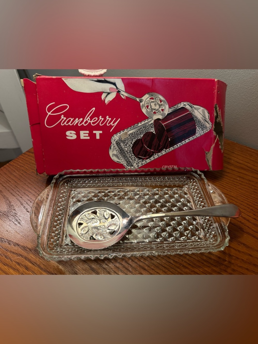 Vintage Crystal Cranberry Serving Set With Original Box